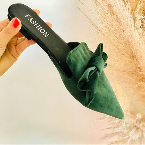 FASHION Emerald Green Velvet Bow Mule Flats Slides - Picture 7 of 9